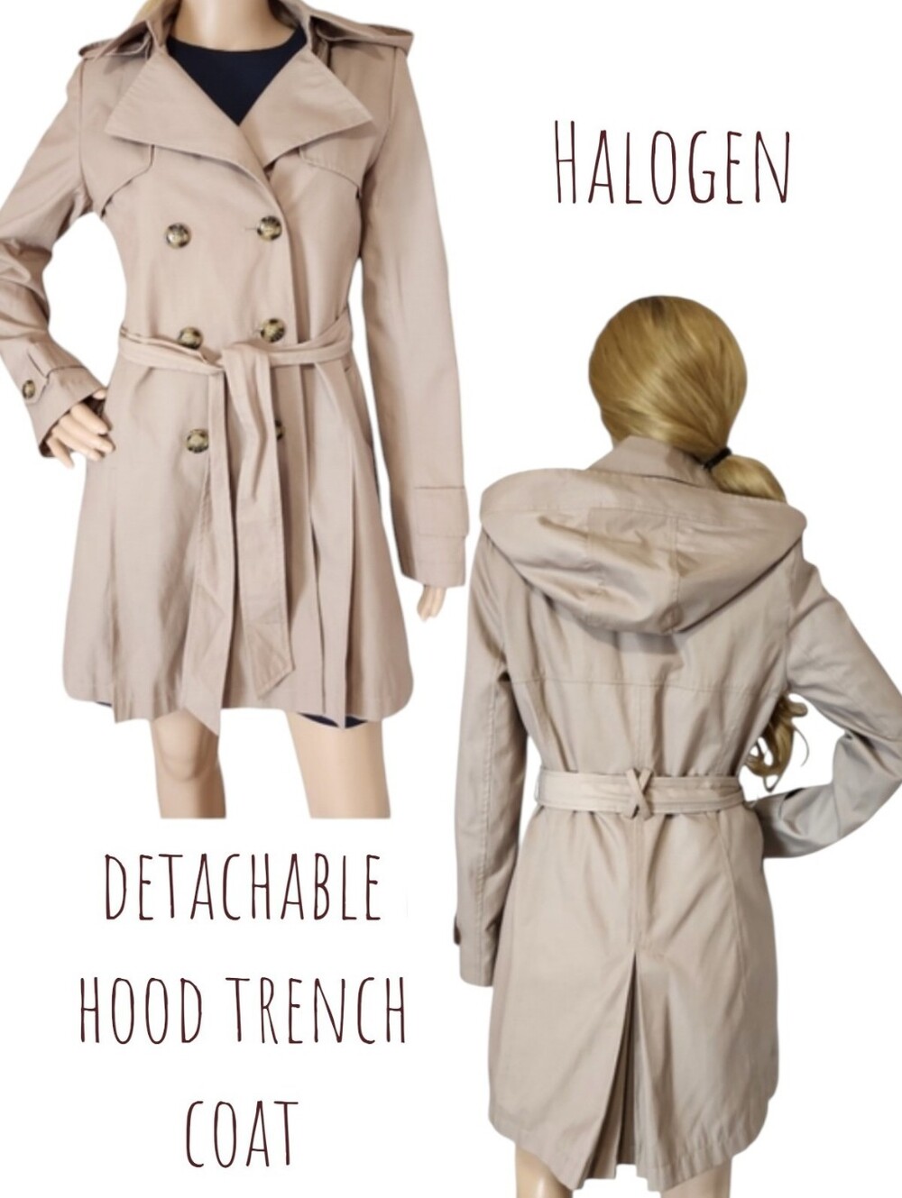 Halogen double breasted Tan Sand Trench Coat 06707N detachable hood Women's S